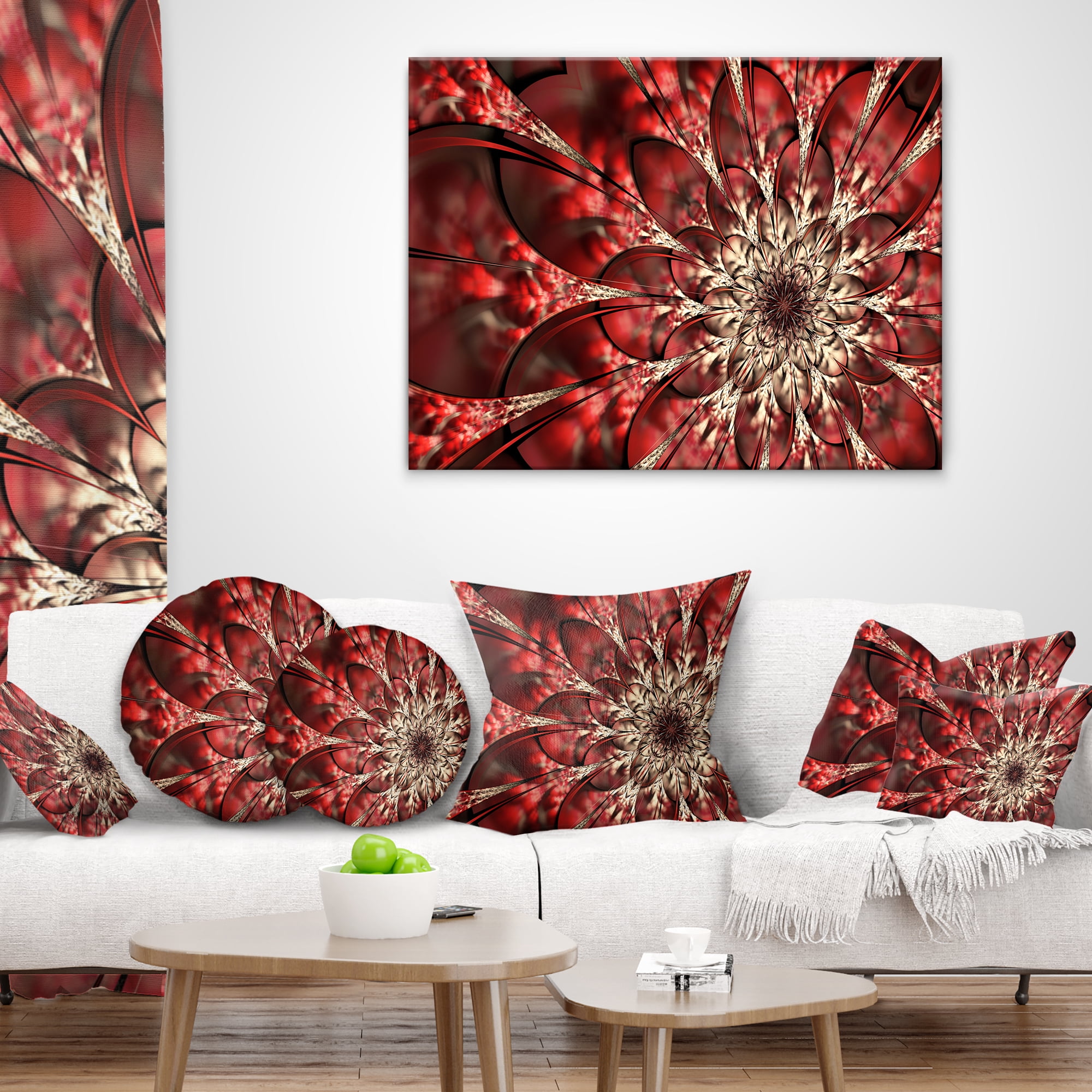 Designart Red Symmetrical Flowers Pattern - Floral Throw Pillow - 18x18