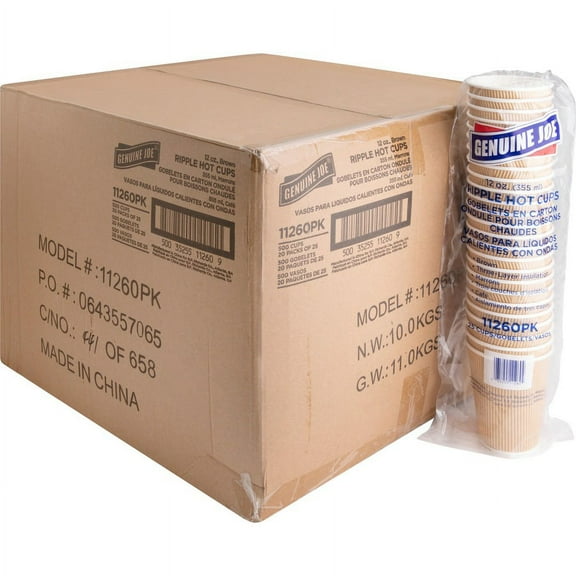 Genuine Joe Ripple Hot Cups - 12 fl oz - 500 / Carton - Brown - Hot Drink | Bundle of 5 Cartons