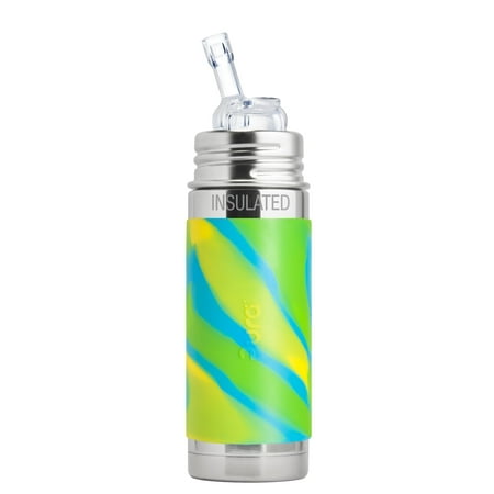 Pura Kiki 9 Oz / 260 Ml Insulated Stainless Steel Bottle With Silicone Straw & Sleeve, Aqua Swirl (Plastic Free, BPA Free, NonToxic