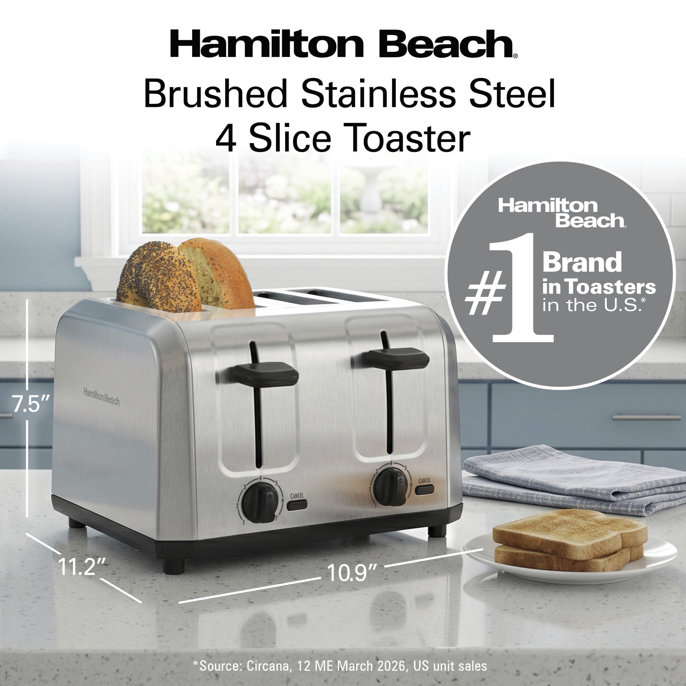 Hamilton Beach 4-Slice Toaster with Extra-Wide Slots, Toast Boost & Removable Crumb Tray, Stainless Steel
