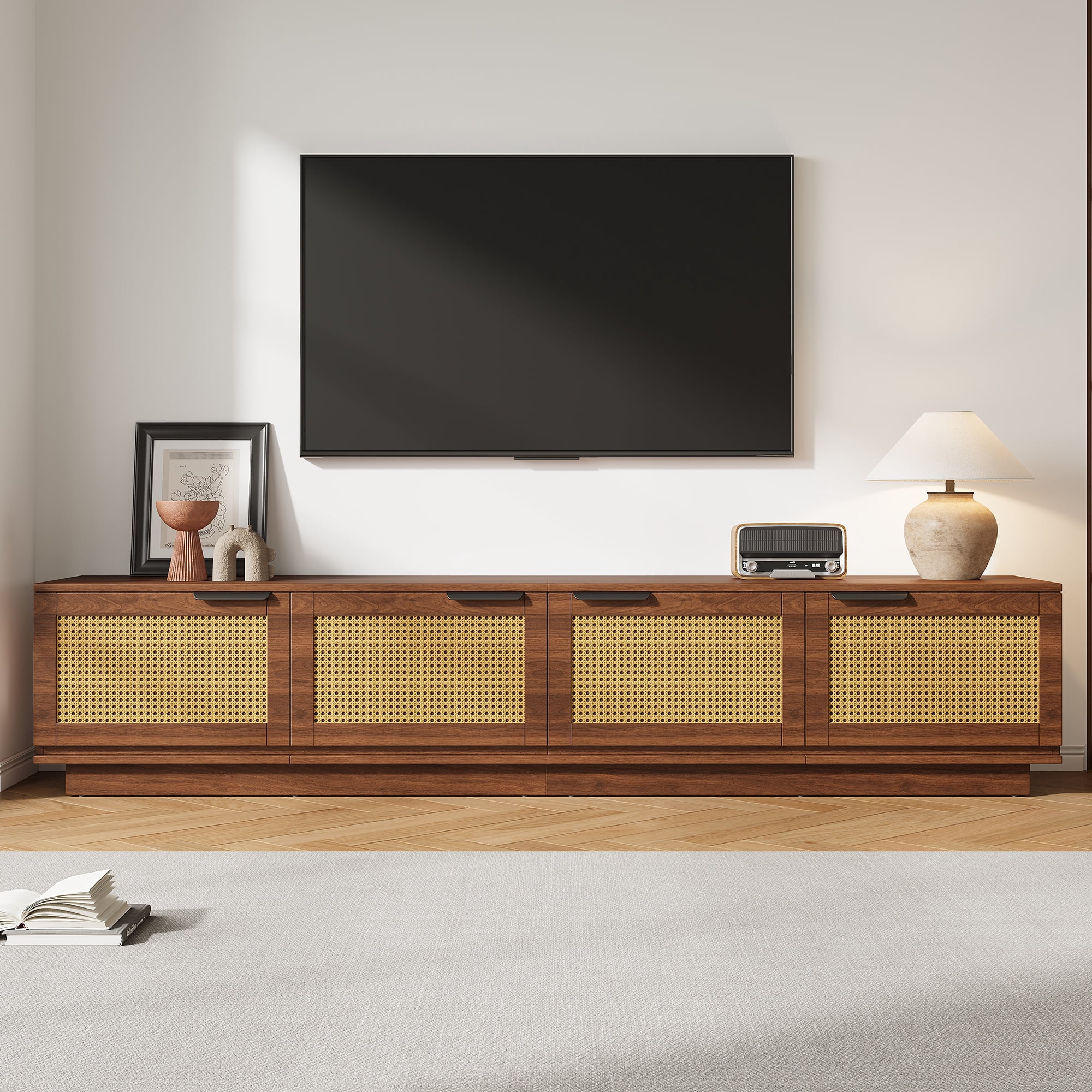TV Stand for TVs up to 85 Inch, Rattan Media Console with 4 Storage Cabinets, Entertainment Center with Soft-Close Hinges for Living Room