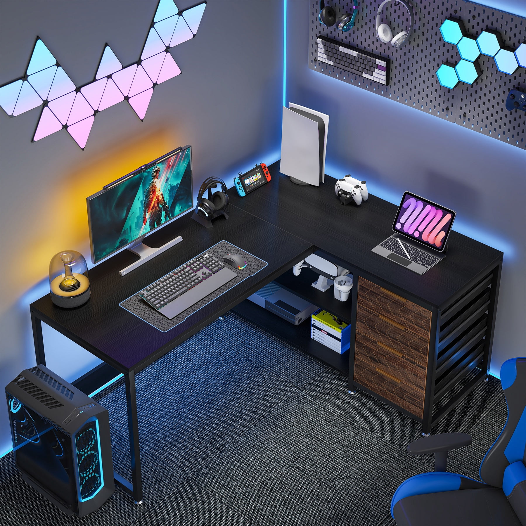 Tribesigns L-shaped Computer Desk, 59 inch Corner Desk with Drawers and Storage Shelves, Reversible Writing Study Table for Home Office, Black