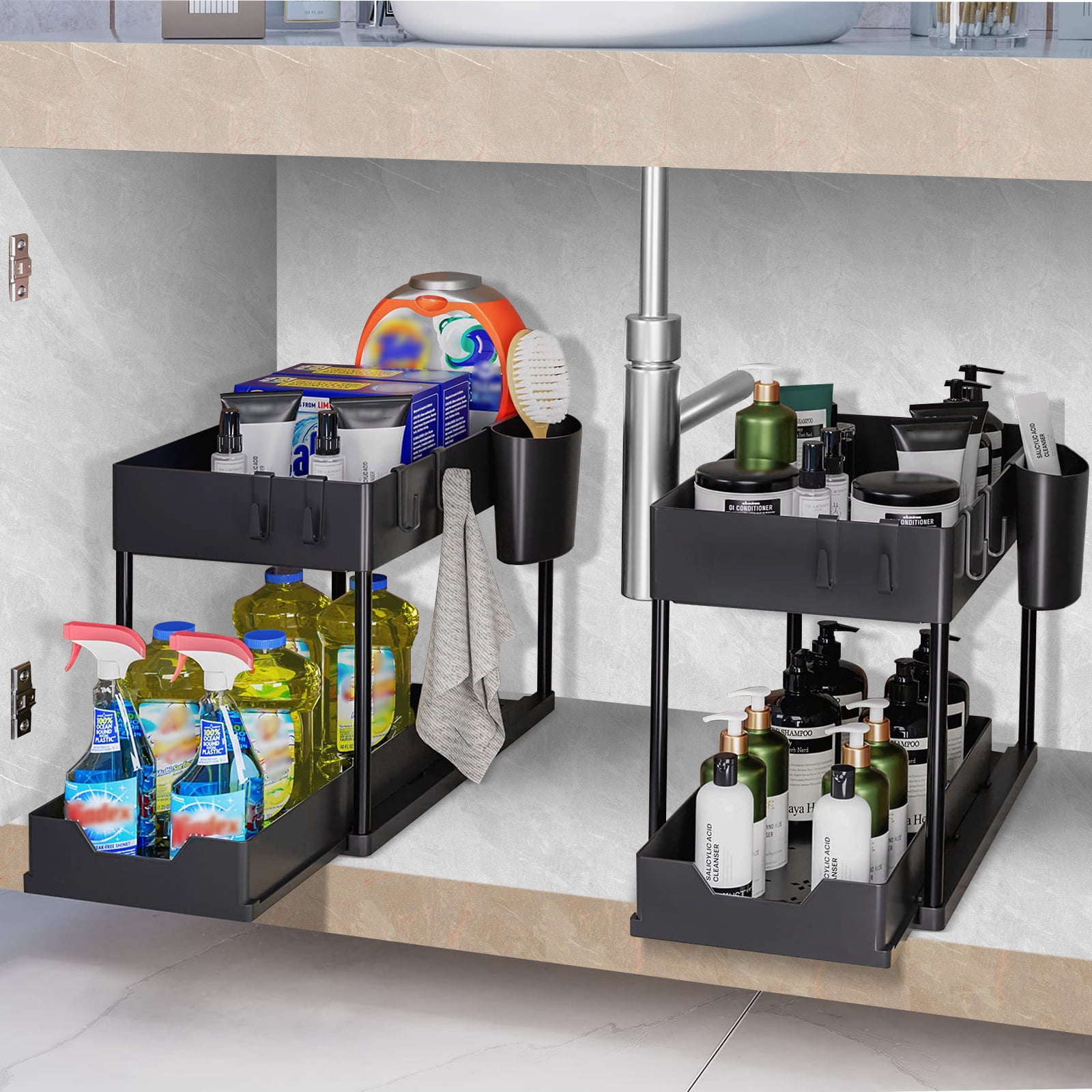 2 Pack Under Sink Organizers,  YUWENUS Sliding Under Bathroom Cabinet Organizer,  2 Tier Kitchen Cabinet & bathroom sink Organizer with 8 Hooks and 2 Hanging Cups