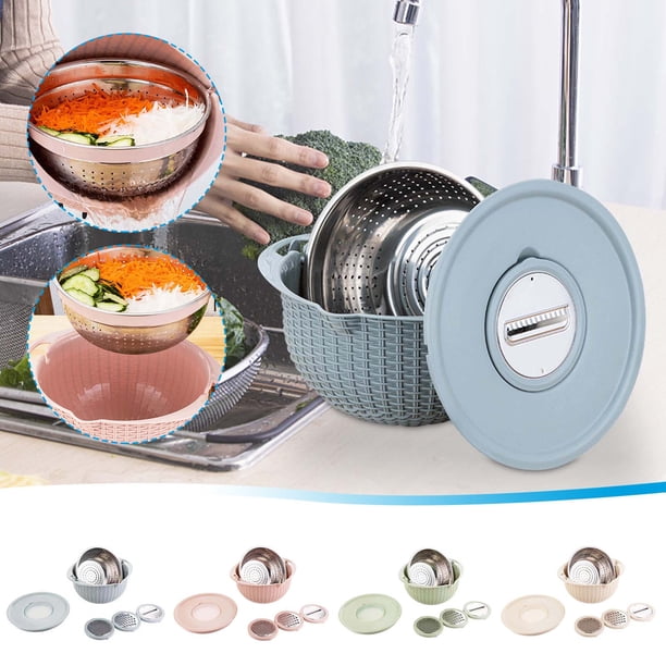 Cesta de escurridor de verduras de doble capa de acero inoxidable con tapa - Colador de lavado de frutas y verduras de cocina giratorio a 360°, conjunto de 3 ralladores