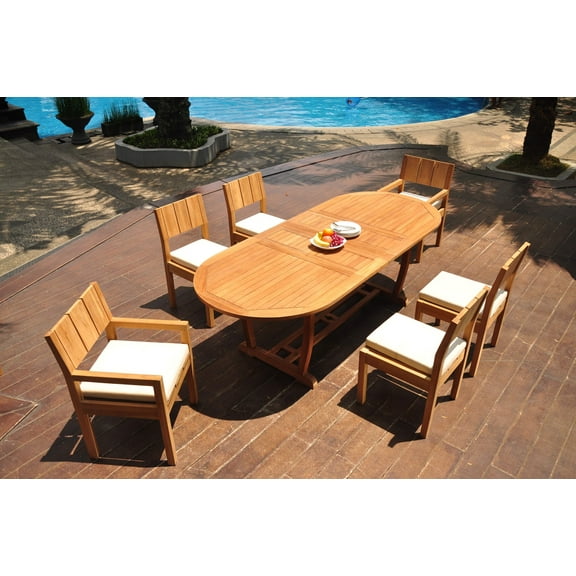 Grade-A Teak Dining Set: 6 Seater 7 Pc: 94" Mas Oval Trestle Leg Table And 6 Veranda Chairs (2 Arm & 4 Armless Chairs) Patio WholesaleTeak #WMVR78