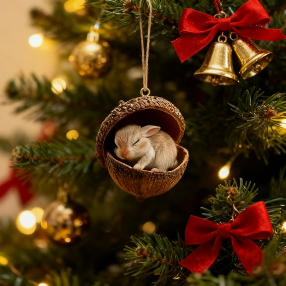 Pine Cone Animal Ornament, Woodland Acorn Forest Animal for Christmas Tree Decoration, 2D Acrylic Sleeping Animals Decor for Holiday Home Keepsake Gifts (1, Coffee Bunny)