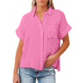 thumbnail image 4 of Summer Linen Short Sleeve Loose Fit Dress Shirts for Women Pink Leisure Solid Color Work Fashion Women's Casual Button Shirt 5XL, 4 of 6