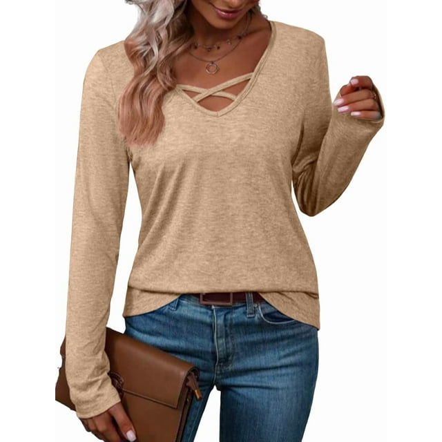 T-Shirt Blouse Décontracté pour Femmes à Manches Longues, Col en V, Mode, Confortable, Extensible, Couleur Unie, Jaune, G