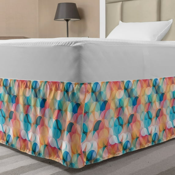 Geometric Bed Skirt, Soft Toned Hazy Overlap Circles Mosaic Birthday Party Pastel Design, Elastic Bedskirt Dust Ruffle Wrap Around for Bedding Decor, 4 Sizes, Peach Coral Blue, by Ambesonne