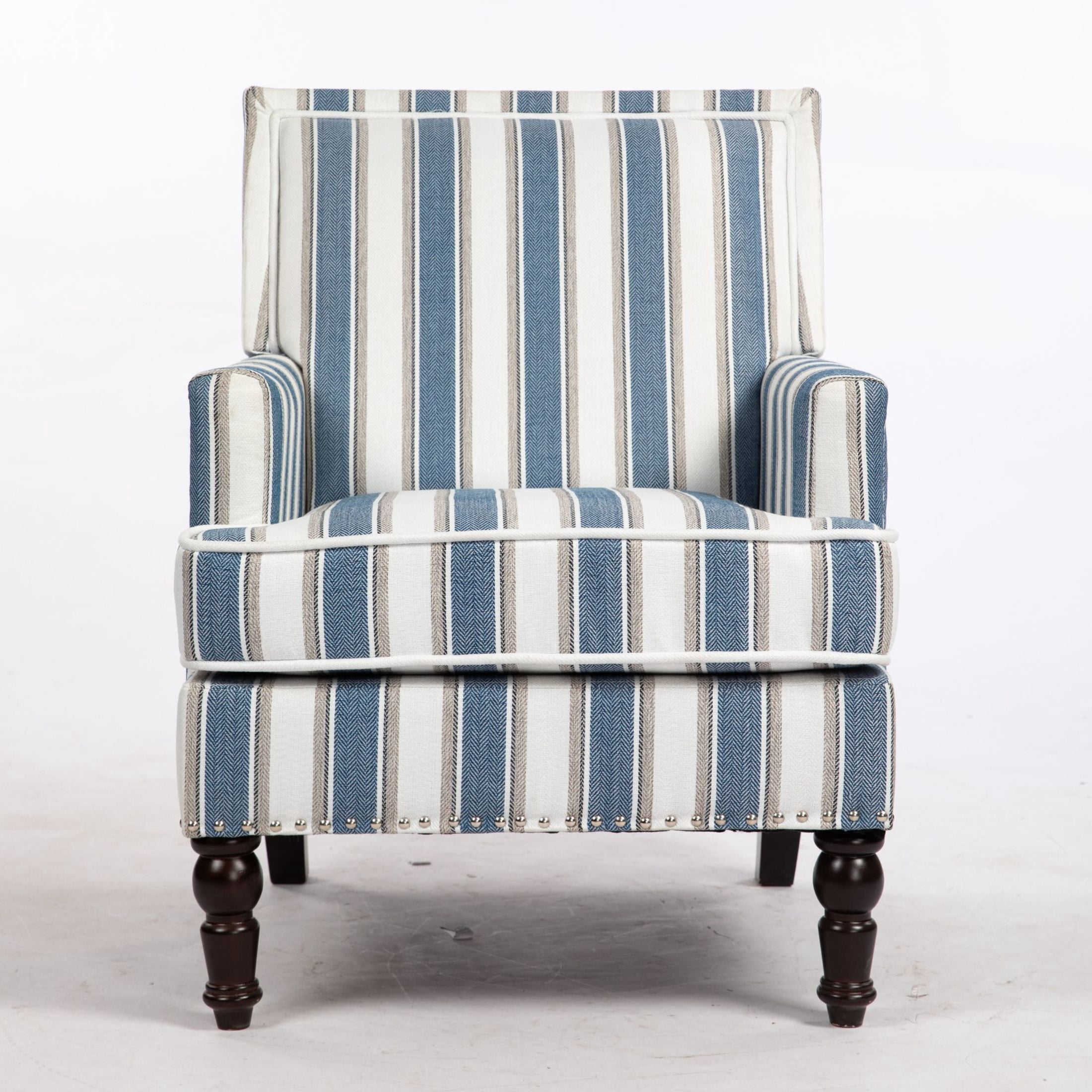 GDF Studio Zerra Vintage Upholstered Armchair with Solid Wood Legs & Nailhead Trim, Classic Stripes Accent Chair, Blue