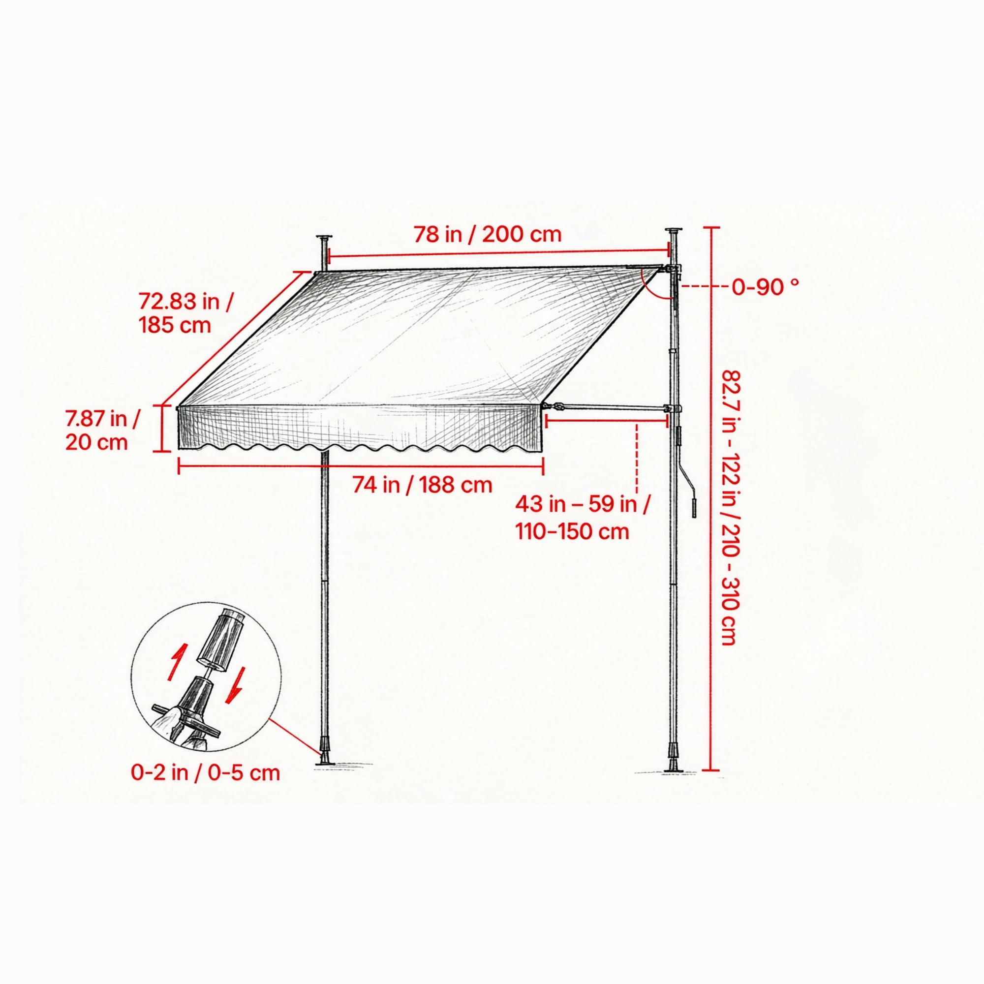 78" Manual Retractable Patio Awning, Height Adjustable Sunshade Canopy with Crank Handle for Backyard & Balcony