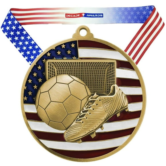 Decade Awards Soccer Medal, Patriotic - Gold - 2.75 Inch Wide | Futbol First Place Medal with Stars and Stripes Neck Ribbon