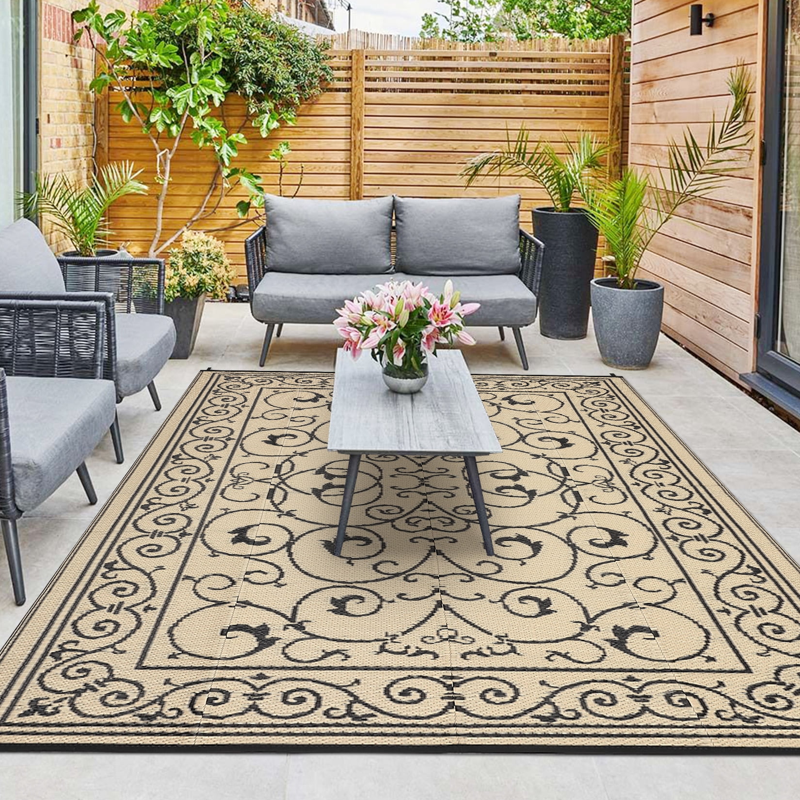 Garvee 9'x18' Outdoor Rug Waterproof Plastic Straw Rug, Reversible Outside Carpet UV Resistant Modern RV Mat for Backyard Garden Deck Poolside, Coffee
