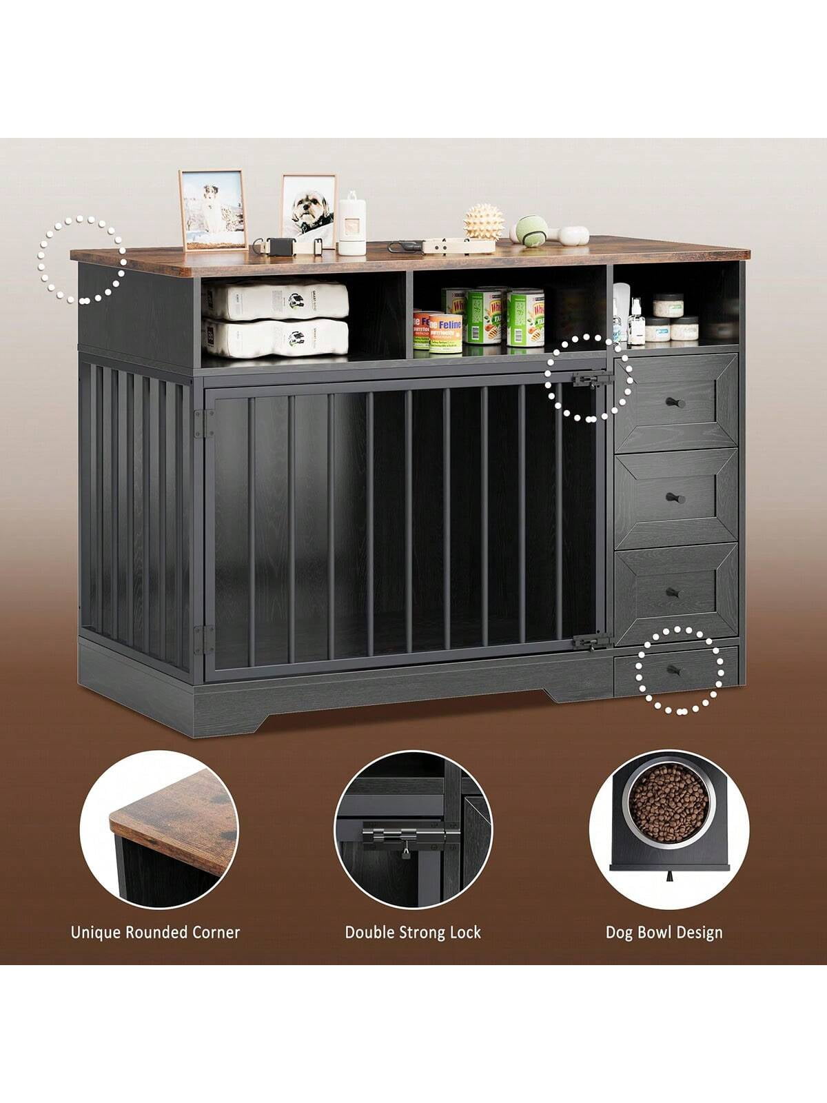 Studyset 48 Inch Dog Crate Furniture,Wooden Dog Kennel Indoor with Dog Bowl & Storage Drawers,Modern Pet Cage Side End Table,Heavy Duty Pet Crate Table for Medium Small Dogs for Living Room,Entryway