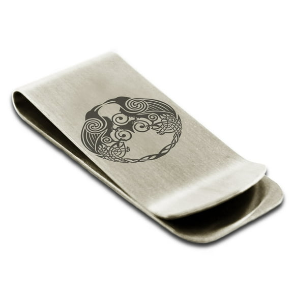Tioneer Stainless Steel Yggdrasil Huginn & Muninn Odin's Ravens Engraved Money Clip Holder