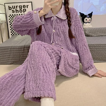 

CoCopeaunt Winter Pajama Sets Women Coral Velvet Ruffles Thermal Simple Single Breasted Fuzzy Nightwear Cute Tender Ins Stylish Sleepwear
