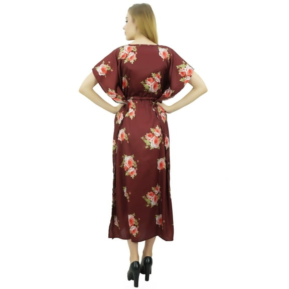 Bimba Women's Long Getting Ready Maroon Gown Drawstring Floral Kaftan Kimono - 10