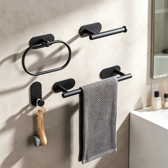 4-Piece Stainless Steel Bathroom Hardware Set with Towel Bar, Paper Holder and Hooks