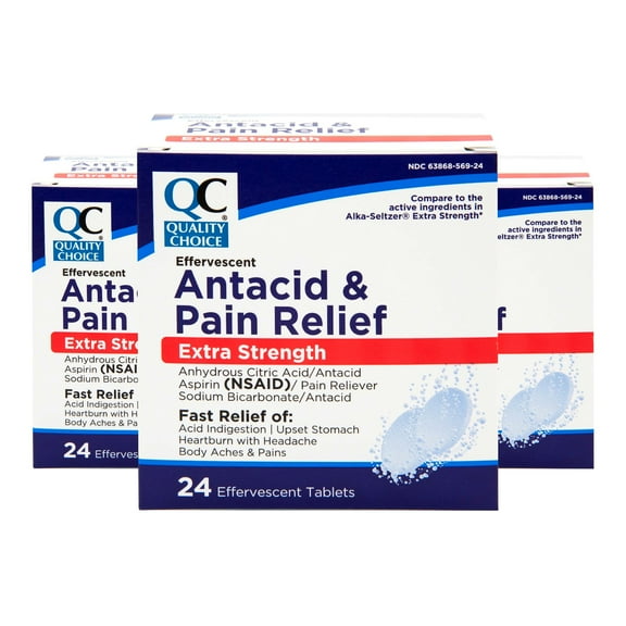 Quality Choice, Extra Strength Effervescent Antacid & Pain Relief Tablets, Relief from Acid Indigestion, Upset Stomach, Heartburn, 24 Tablets - 3 Pack