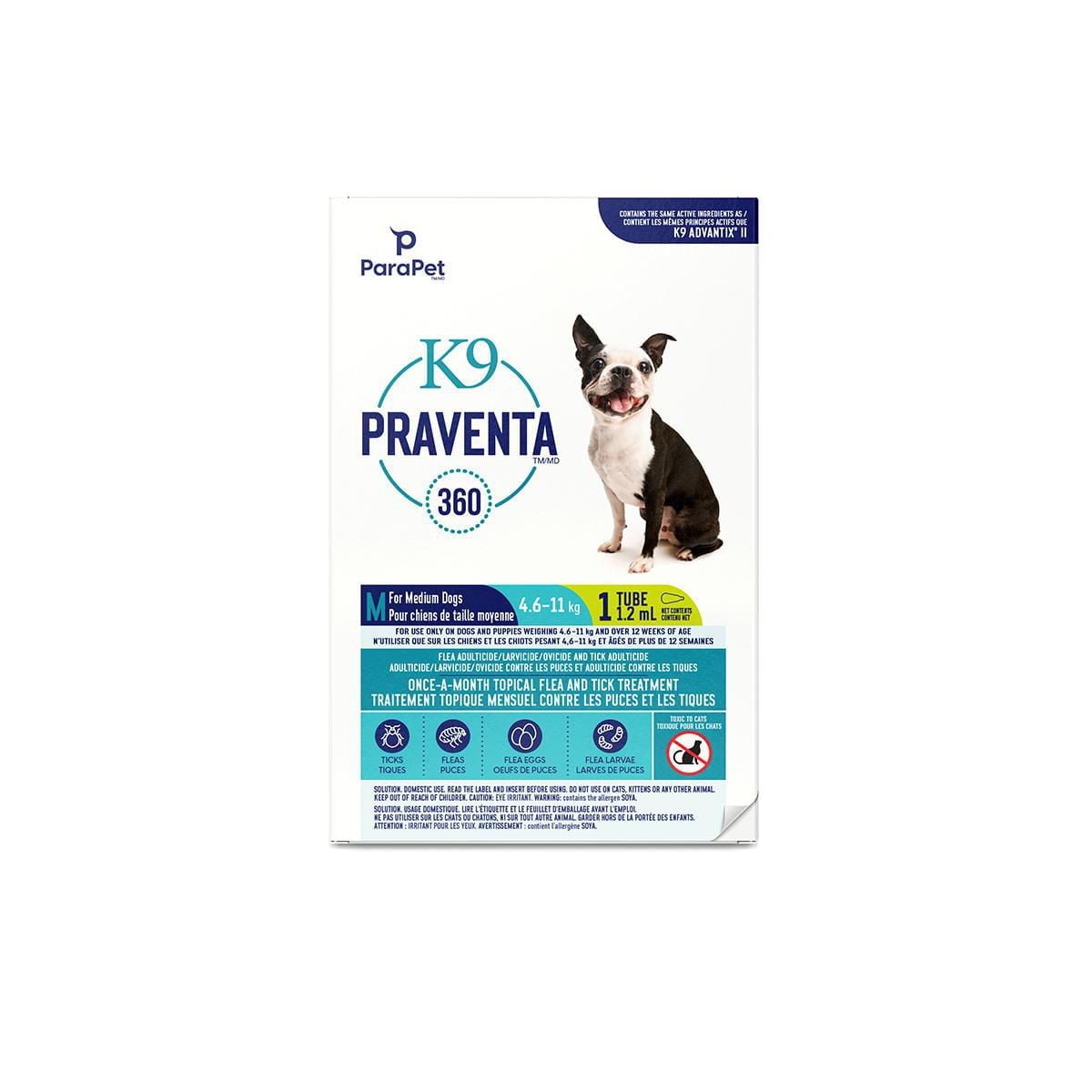 Parapet K9 Praventa 360™ traitement contre les puces et les tiques pour chiens de taille moyenne, 4,6 kg à 11 kg, 1 tube