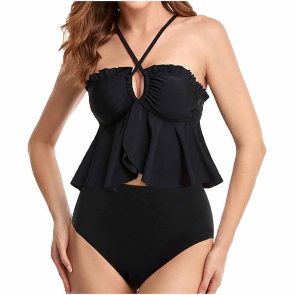 Womens Bikini Sets 2 Piece Bathing Suits Backless Cross String Ruffle Swim Top & High Waisted Bottom Swimsuits (XL, Black)