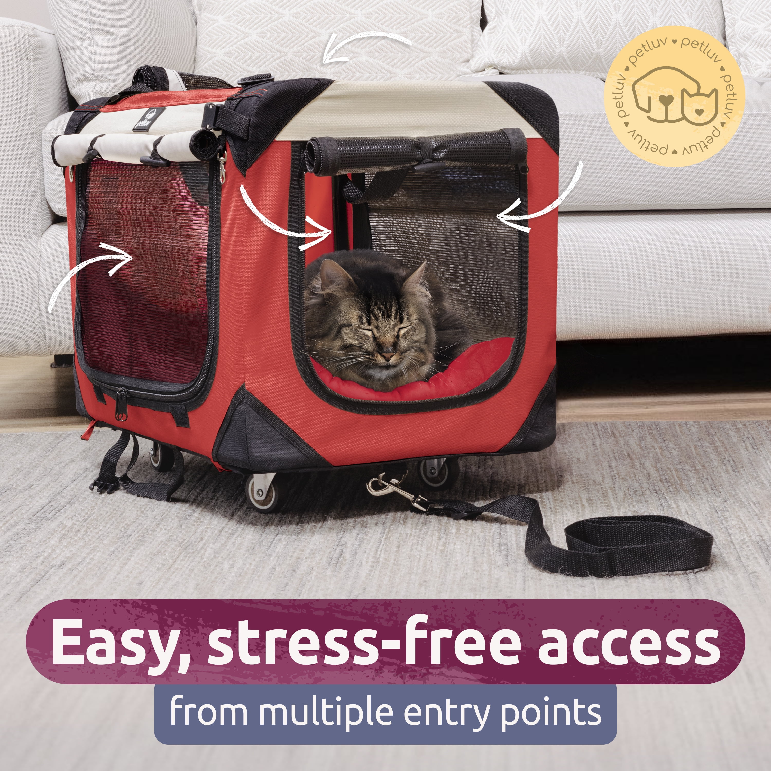 Free Shipping PetLuv Pull Along Rolling Cat Dog Carrier Travel Crate on Wheels Detachable Soft Sided Locking Zippers Plush Bed Privacy Windows Walmart