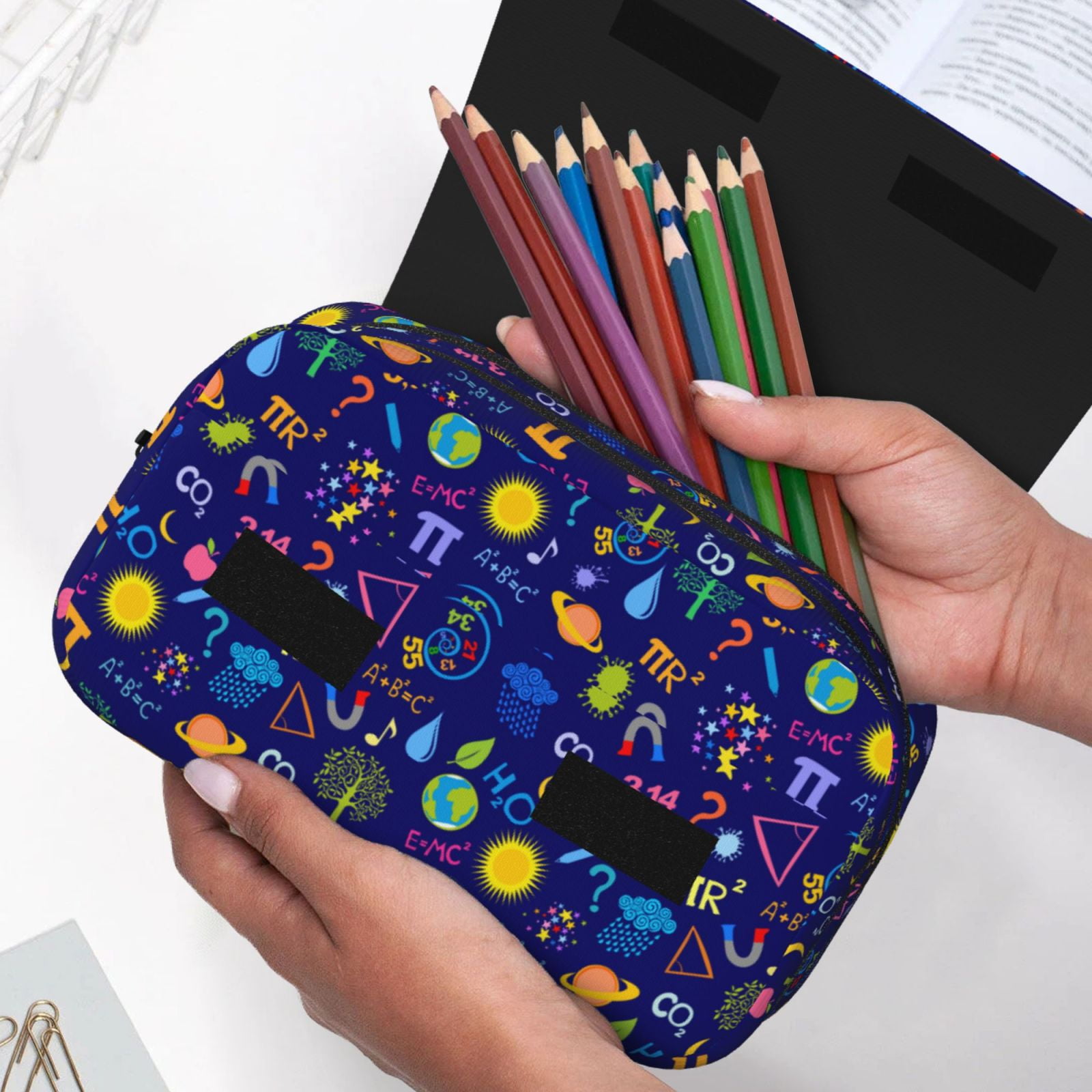 Rateoe Mathematics And Chemistry Pattern Double Clamshell Pen Case, Storage Organizer with Two Zipper Compartments– Holds Up to 50 Pencils & Pens
