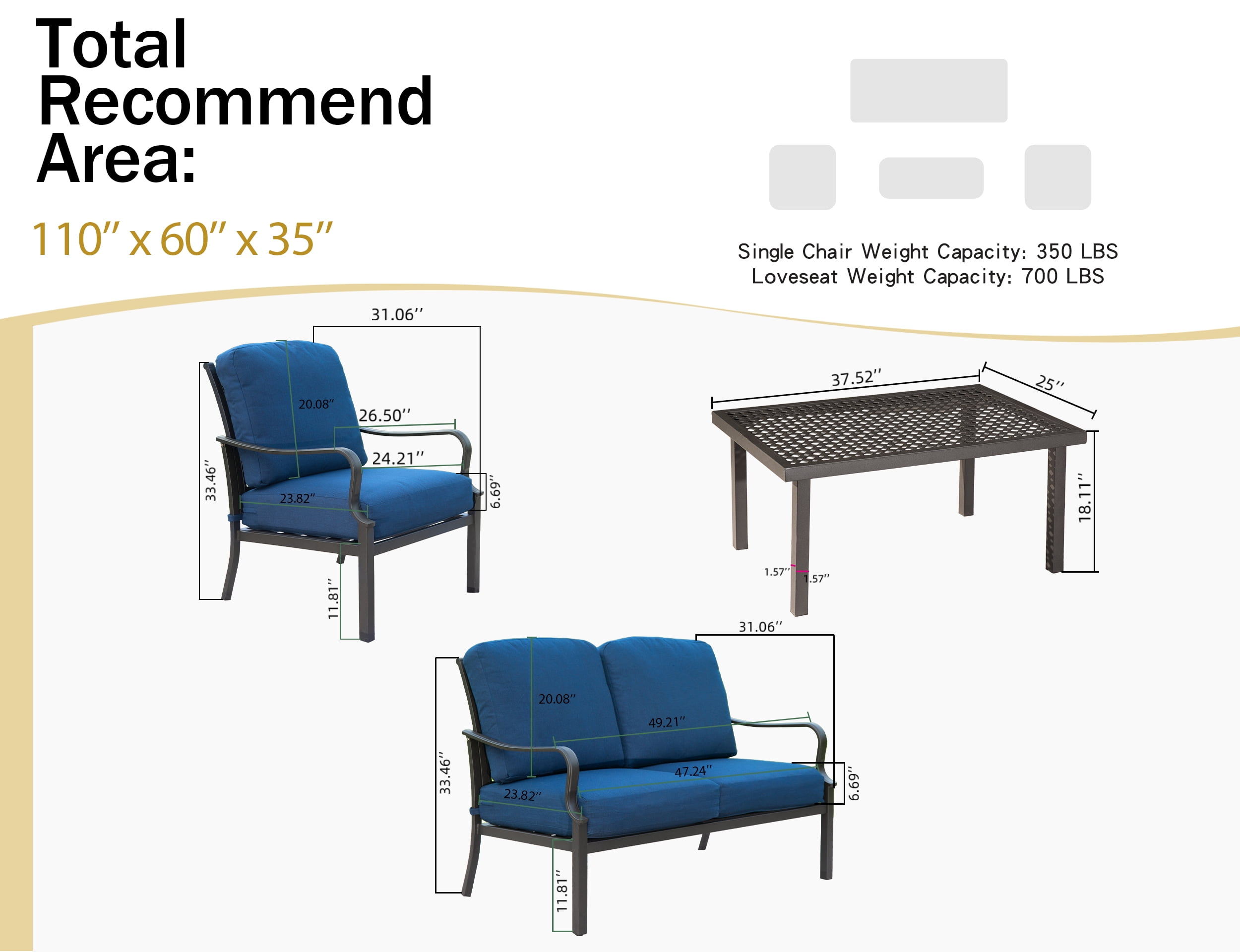 Domi Patio Conversation Set of 4, Cushioned Outdoor Furniture Sets with All Weather Galvanized Steel Frame (Spring Coil Seat Cushion) -Blue
