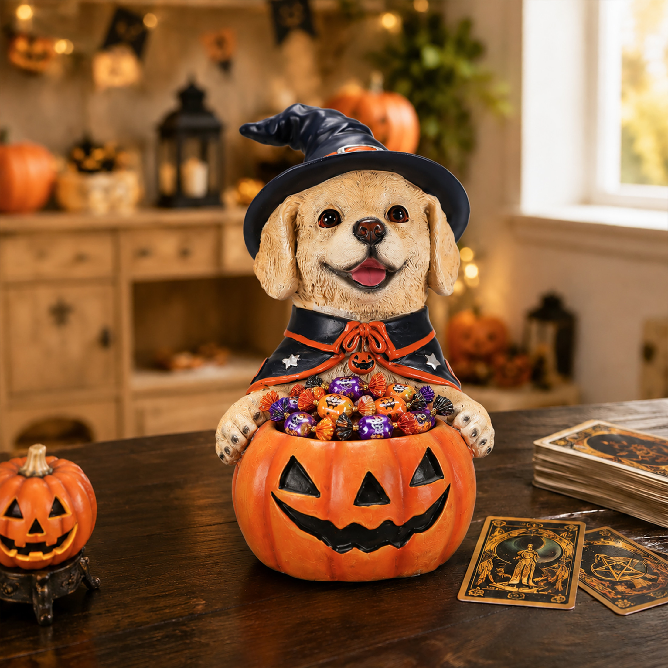 Noble House Halloween Labrador Retriever Witch Puppy Figurine with Pumpkin Candy Bowl, Decorative Statue, Brown