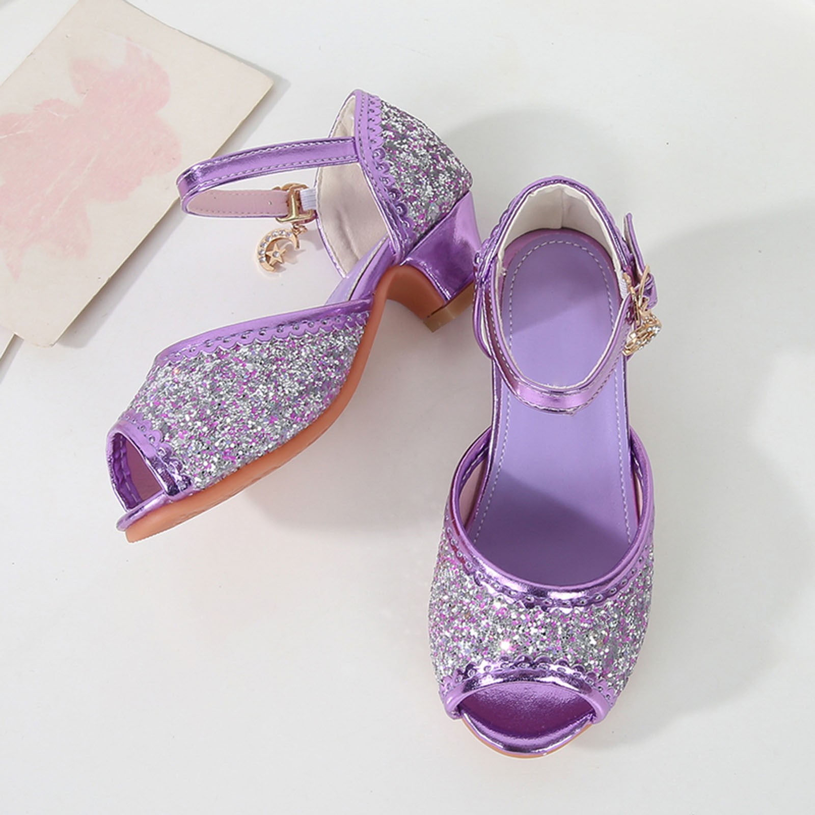 Gubotare Mary Jane Shoes with Low Heel Rhinestones Princess Flats Dress Pump Shoes for Little Kid/Big Kid (Purple,34)