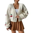 thumbnail image 1 of xiaxaixu Women's Open Front Knit Cardigan, Cherry Jacquard Long Sleeve Loose Sweater Cropped Jacket for Spring, Fall, 1 of 9