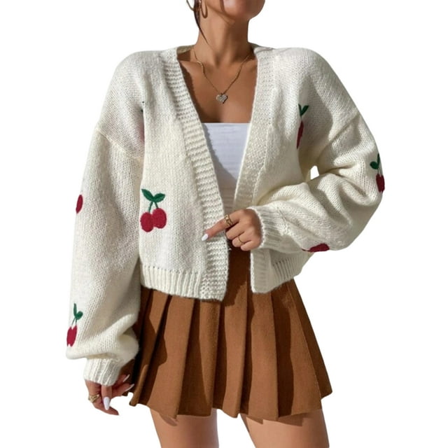 xiaxaixu Women's Open Front Knit Cardigan, Cherry Jacquard Long Sleeve Loose Sweater Cropped Jacket for Spring, Fall