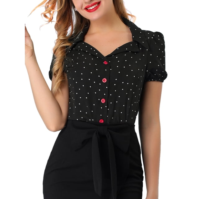 BLUSA VINTAGE DE LOS AÑOS 50 PARA MUJERES CON PUNTOS DE POLKA Y MANGAS CORTAS, BOTONES, TALLA XL, NEGRA