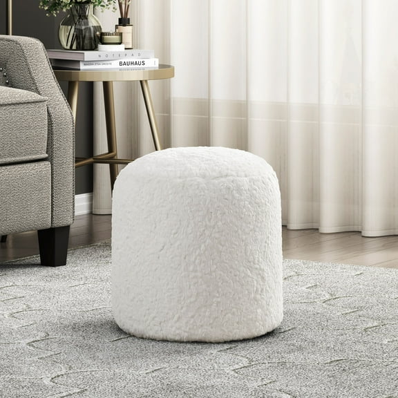 Modern Pouf Off-White Faux Fur Fabric Upholstered Ottoman, Footstool, Non-Slip Floor Pouf, Bean Bag Chair, 1pc Sitting Pouf