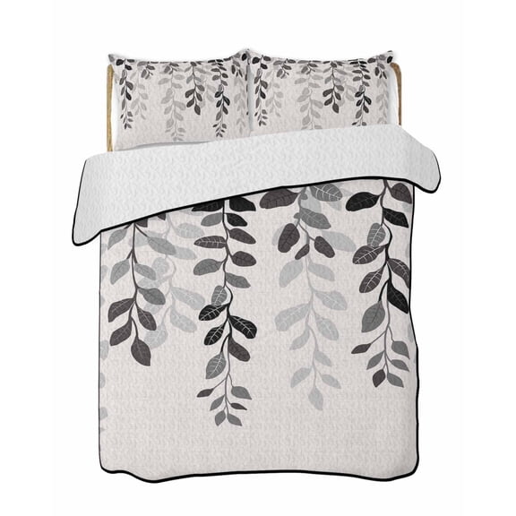 Quilts Full Size Bedding Set, Grey Ombre Botanical Lightweight Quilted Comforter, Watercolor Gray Pastoral Leaf Rustic Soft Reversible Bedspread Coverlet with Pillow Covers for All Season, 78" x 90"