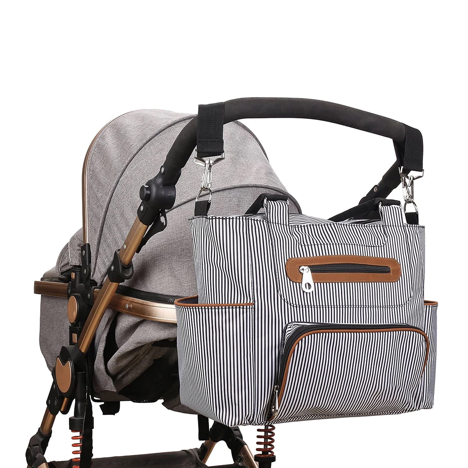 Moclever 8Pcs Baby Nappy Diaper Bags with Bottle Bag Mesh Bag Purse Diaper Pad 2 Burp Cloths 2 Hook Straps Unisex Travel Diaper Bag for Mom Dad, Black Stripe