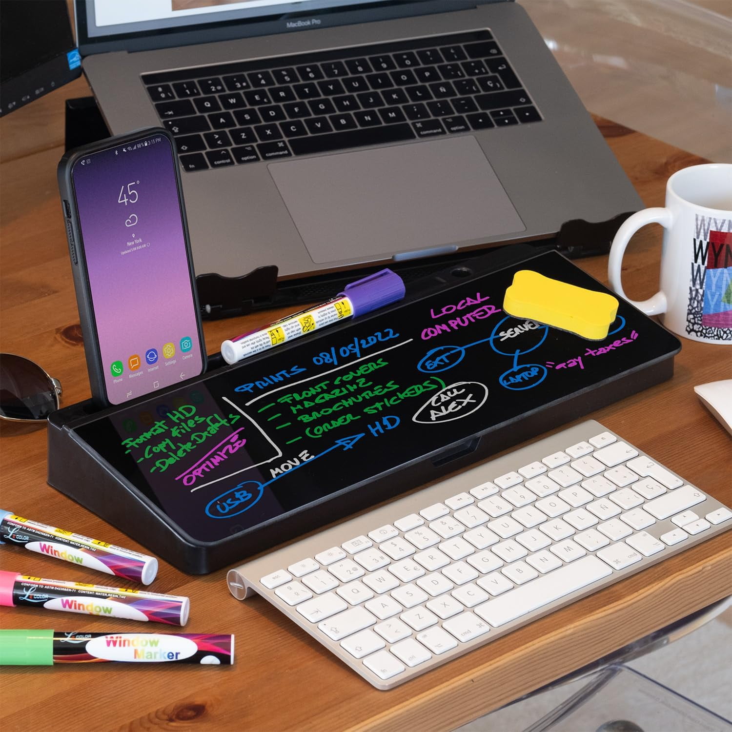 Desktop Whiteboard with Storage Compartment and Phone & Tablet Slot - Includes 4 Markers, 1 Eraser, Black