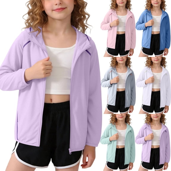 Spazoro Toddler Girls UPF 50 Sun Protection Jacket, Lightweight Breathable Quick Dry Hooded Zip Up Fashion Clothes for Outdoor Purple Size 4