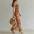 thumbnail image 2 of Womens Multicolor Floral Print Chiffon Maxi Dress, Square Neck Puff Sleeve Bodycon Dress With Side Slit, 2 of 6