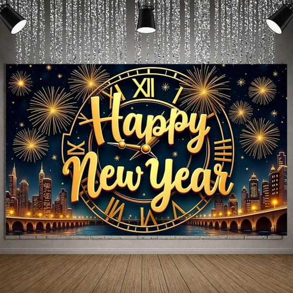 Golden Letters Happy New Year Banner Clock Design New Year Banner Fireworks Pattern Dark Blue Background Celebration Banner for New Year Party New Year's Eve Celebration Indoor Decoration