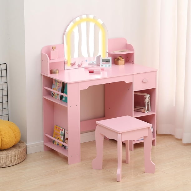 Rosa 2 - in - 1 para niños vanity con lighted mirror, estante, cajón y abiertos estantes - suitable para 3 - 9 yrs girls