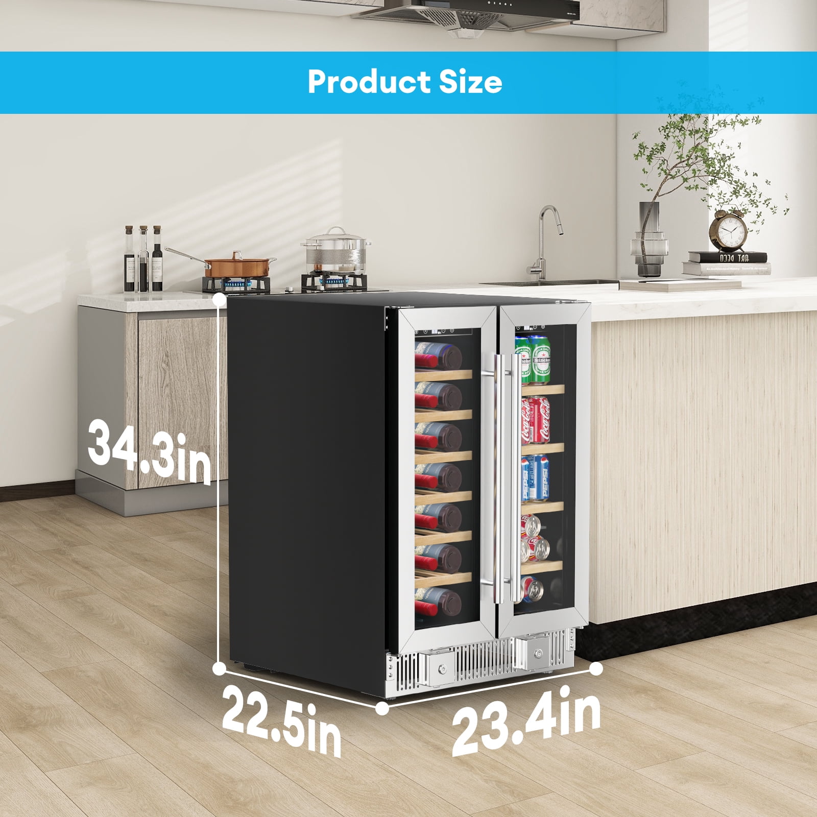 TABU 24 inch  Dual Zone Wine and Beverage Refrigerator,21 Bottles and 88 Cans,Built-in/Freestanding Wine Fridge for Home/Bar/Office,Digital Touch Control