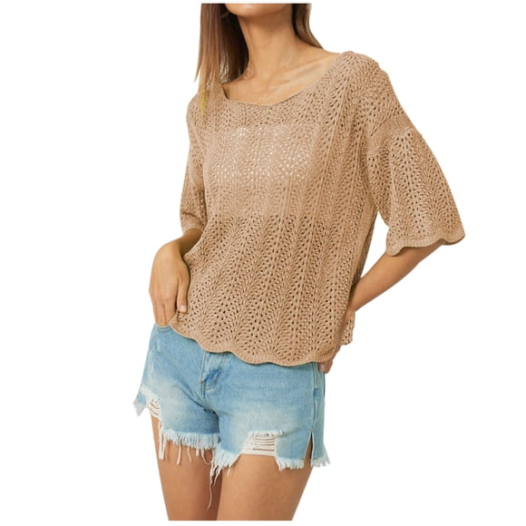 AherBiu Tops for Women Cover up Boho Hollow out Knitted Drop Shoulder Scoop Neck Short Sleeve Beach Vacation Crochet Tops