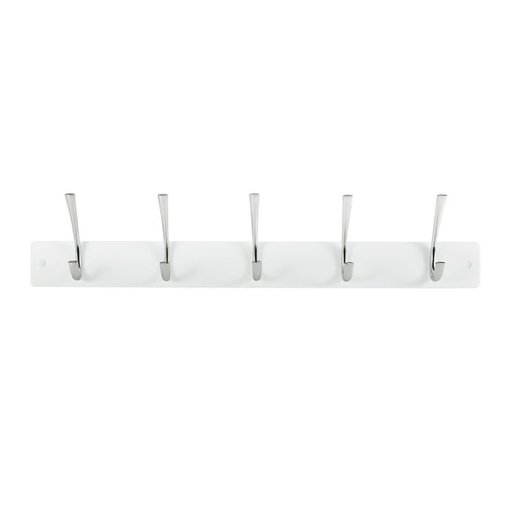 Melannco 27X5 Inch Wall Mount MDF Coat Rack With 5 Silver Metal  Hooks White
