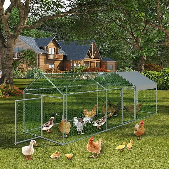 Metal Chicken Coop with Waterproof and Anti-UV Cover, 120" x40" x40" Large Chicken Run with 3 Doors, Outdoor Hen House for Yard, Walk in Poultry Cage for Rabbit Duck Goose, Silver