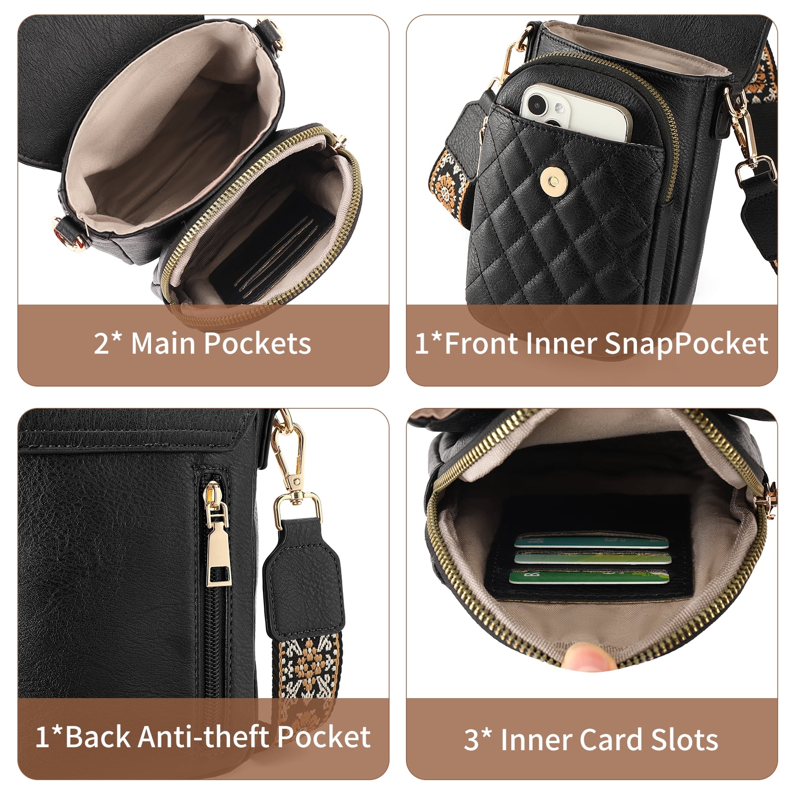 KALUNMA Crossbody Bags for Women Trendy Leather Triple Compartment Cell Phone Shoulder Wallet Purses with Card Slots