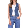 thumbnail image 1 of Chaleco de mezclilla sin mangas con cuello en V y bolsillos de solapa para mujer INSPIRE CHIC, botón en la cintura, color azul oscuro, 1 of 6