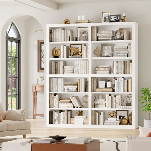 Hiphuta 63"W Extra Large and Sturdy Bookcase, Double Wide 6-Tier Bookshelf, Tall Bookcase for Home Office and Living Room, Wooden Freestanding Display Shelf, White