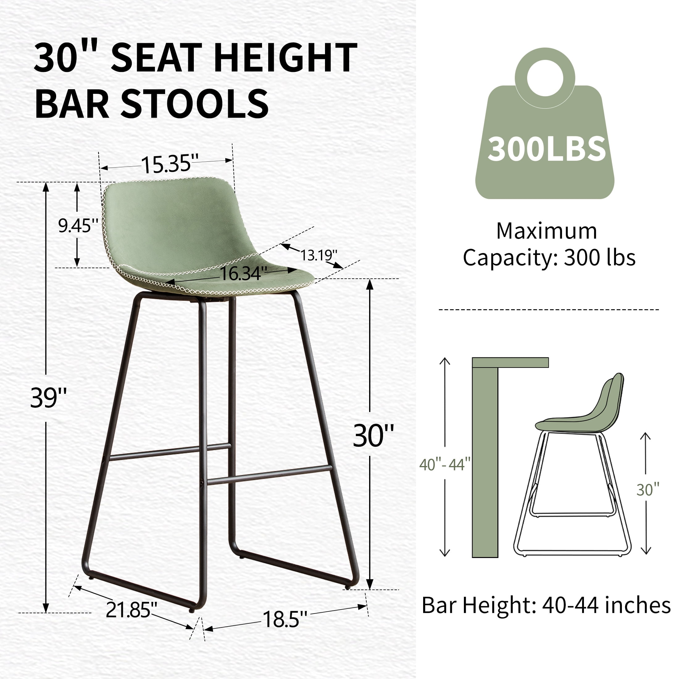 FIRAVOE Bar Stools Set of 3, 30 Inch Counter Height Bar Stools with Back, Faux Leather Modern Barstools High Bar Stools Chairs for Kitchen Island, Green