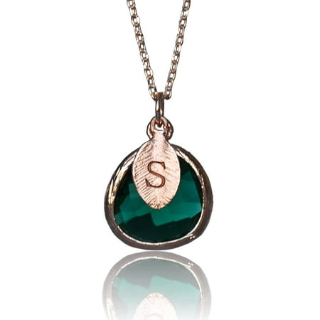Personalized Emerald Necklace Bridesmaid Necklace May Birthstone Necklace Custom Initial Necklace Gift for Her Emerald Jewelry - 20 Silver Plated - Leaf Initial W